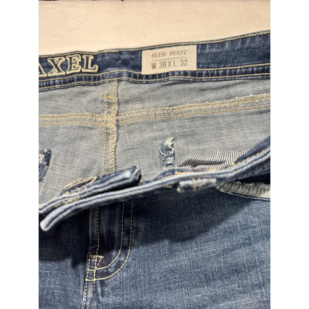 Axel Slim Boot Jeans Mens 38x32 Blue Denim Bootcut Stretch Embroidered Pockets